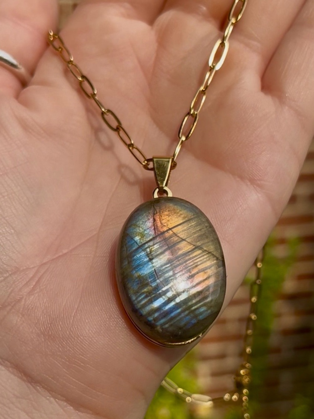 Gold blue green yellow Labradorite Oval Pendant Necklace Iridescent paperclip